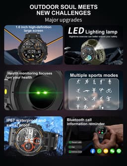 Knobbout 1.52" (3.8cm) Schokbestendig Sport Smartwatch - Zijwaartse LED-verlichting-Bloeddrukmeting, hartslag monitoring en bloedzuurstof (SpO₂)-controle- Bluetooth belfunctie - Sedentaire herinnering-Sedentaire herinnering-Zwart stall+ siliconenband — thumbnail 13