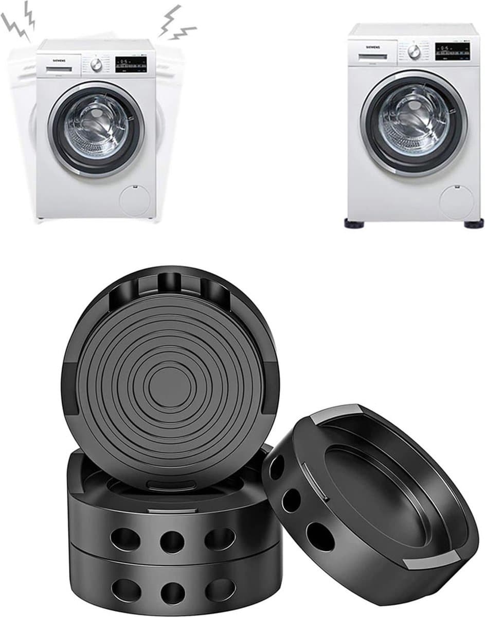 Trillingsdempers Wasmachine / Droogkast - Set Van 4 Stuks - Extra Dik - Stapelbaar - Wasmachine Dempers - Wasmachine Verhoger - Voetjes Droger - Geschikt Voor Wasmachine En Wasdroger - Antislip Rubber - Zwart — afbeelding 1
