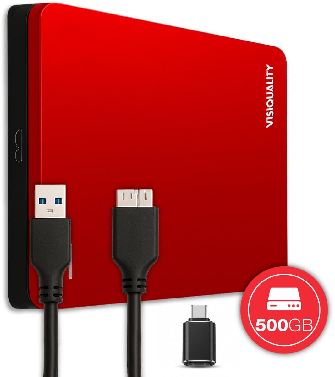 VisiQuality High-Speed Externe Harde Schijf 500 GB - Draagbare Harde Schijf USB 3.0 - Voor Windows & Mac - Xbox & PS4 games - Compact - Rood — afbeelding 1