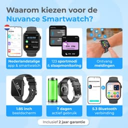 Nuvance - Smartwatch Heren & Dames met Bluetooth - 45mm - Geschikt voor alle Smartphones - Stappenteller & Hartslagmeter - Zwart — thumbnail 2