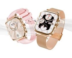 AMOLED-smartwatch voor dames - Nieuw voor 2025 - 1,75-inch fitnesshorloge met telefoonfunctionaliteit - Twee bandjes - Volledig touchscreen - Vierkant ontwerp - Stijlvol sporthorloge voor dames - Compatibel met Android 4.4+ / iOS 10.0+.