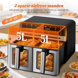 Dubbele Airfryer XXL 10L (2×5L) – 8 Automatische Programma’s – Grote Capaciteit voor 6 Personen – 2500W Krachtig Vermogen – Dual-Zone 2 Manden met SYNC Technologie – Gezond Frituren Zonder Olie – Met Kijkvenster – Zilver — thumbnail 2