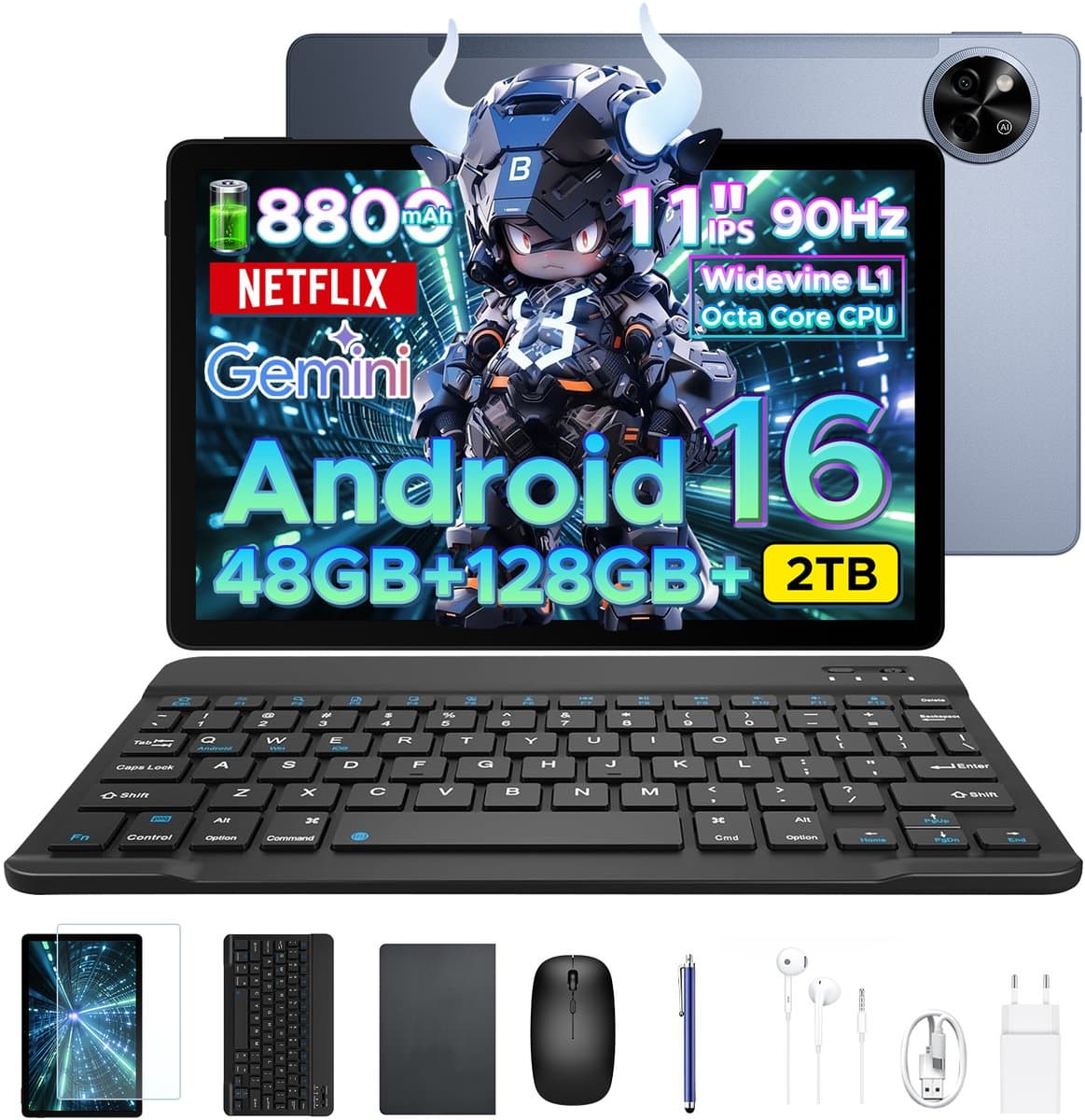 Aorlym P11 Tablet - 48GB RAM+128GB ROM/TF 2TB - Android 16 - 11 inch tablet 90Hz - T7250 - 8800mAh - 13MP+5MP - Gemini AI - Widevine L1 - Face ID - 5G WIFI - Dubbele luidsprekers - Pen, toetsenbord, muis - Grijs — afbeelding 1
