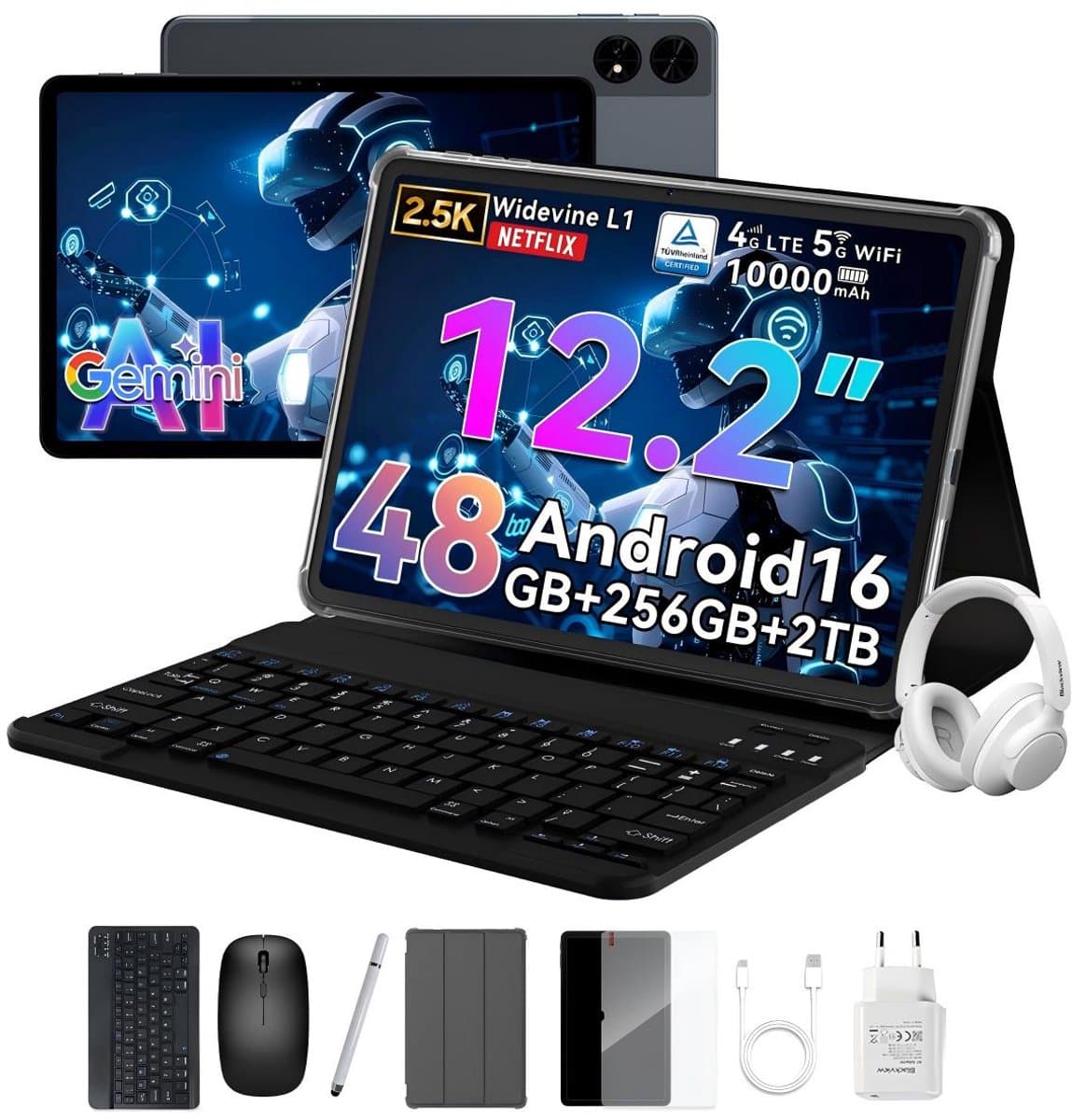 TABWEE T60 - Tablet - 48GB RAM - 256GB ROM - met over-Ear hoofdtelefoon - Android 16 - 11 inch - 8000mAh - WIFI Tablet - OTG - Grijs — afbeelding 1