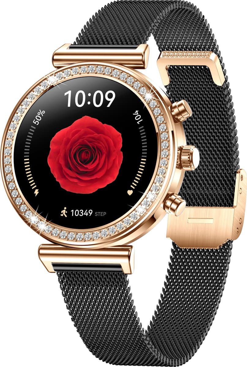 Knobbout Luxe Dames Smartwatch 1.27” met Kristallen – Bluetooth Bellen – HD Touchscreen – Hartslag, Bloeddruk & SpO₂ Monitoring – Vrouwelijke Gezondheidsfuncties – AI spraakassistent– IP68 Waterdicht – Zilver stalen band — afbeelding 1