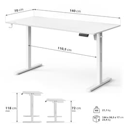 SENSE7 NOJO LIGHT - Zit Sta Bureau - 140 cm x 70 cm - Elektrisch bureau - Verstelbare bureau - Elektrische Hoogteverstelling - Hoogte 72-118 cm - Intelligent Bedieningspaneel - Wit — thumbnail 7