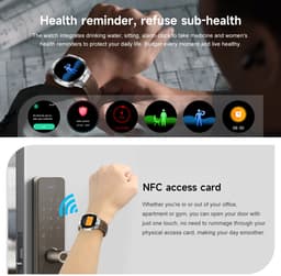 Knobbout 1.53" Stijlvolle Sport Smartwatch – NFC- Kompas, Hoogtemeter, Barometer-Bluetooth Bellen - Draadloos Opladen - hartslag, bloeddruk, zuurstofgehalte (SpO₂) - AI Assistent - medicatie innemen alert - Zwart Leren + Siliconen Band — thumbnail 14