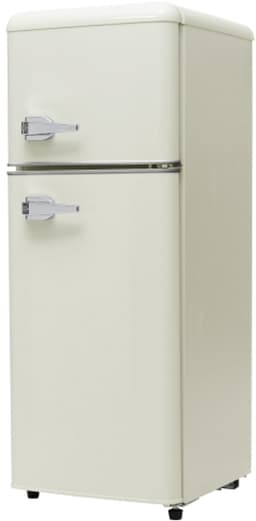 Retro koelkast. Koel-vriescombinatie, 105,5 cm hoog, 41 cm breed, twee deuren, met een totaal volume van 92 liter, vriesvolume van 28 liter. Deurvakken en glazen planken. 116 kWh/jaar, -27 °C ~13 °C, ledverlichting, wit — thumbnail 8
