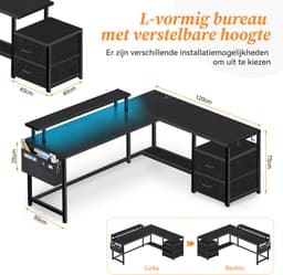 Gaming Bureau met LED Verlichting - 120x120x75cm - L-Vormig Game Bureau met Stopcontact - 2 Non Woven Lade - Gaming Desk - Computer Tafel - Gaming Tafel - Bureau voor Gamen, Studeren en Werken - Zwart — thumbnail 2