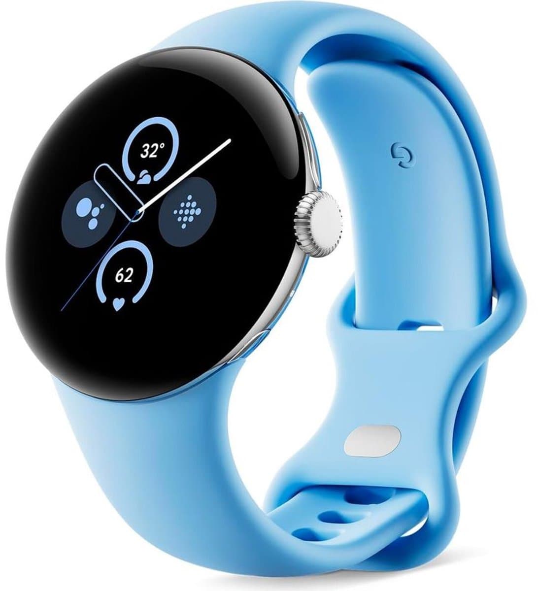 Google Pixel Watch 2 – Zilverkleurige kast – Blauw sportbandje – GPS – 5ATM – Fitbit functies – 24u batterij – AMOLED scherm — afbeelding 1