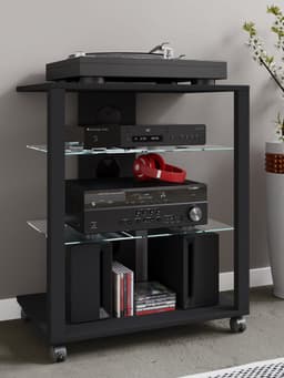 VCM hifi-kasten, platenspelerkast, stereokast, hifi-rekken, routerstandaard, hifi-rekken en -standaards, witte platenspelerstandaard, draaitafelstandaard met opbergruimte voor vinylplaten, platenspelermeubel, glazen tv-meubel, mediameubel — thumbnail 7
