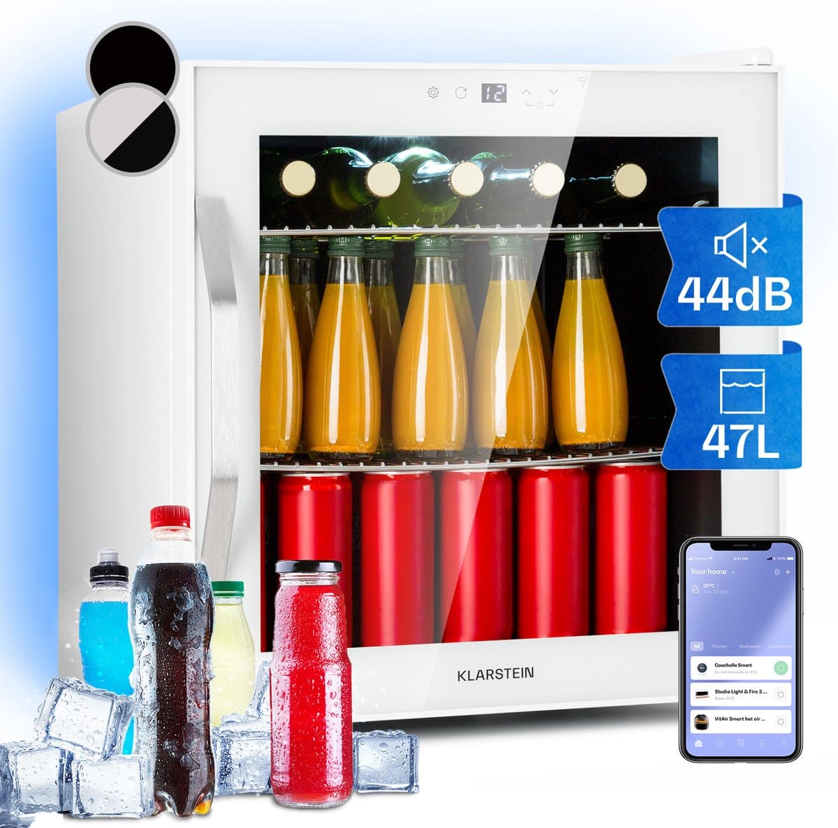 Klarstein Mini Koelkast met Glazen Deur, Kleine Stille Mini Koelkast voor Kamer & Tuin, Indoor/Outdoor Drankkoelkast met IoT/App-bediening, Koelkast voor Cosmetica & Dranken, 5–18 °C, 47 L — afbeelding 1