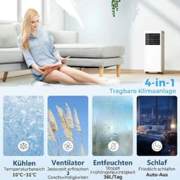 4-in-1 Mobiele Airco - Draagbare Airconditioner - 4-in-1 Koelen, Ontvochtiger, Ventilator & Slaapstand - 7000 BTU - voor 20-30 m² - met Afstandsbediening & Timer - 55 dB - Wit — thumbnail 4