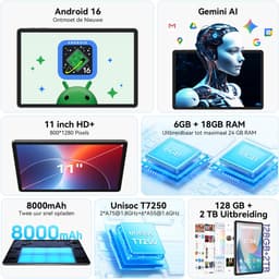 TABWEE Tablet - T50 Tablet - met over-ear hoofdtelefoon - 24GB RAM - 128GB ROM - Android 16 - 11 inch - 8000mAh - WIFI Tablet - OTG - Grijs — thumbnail 6