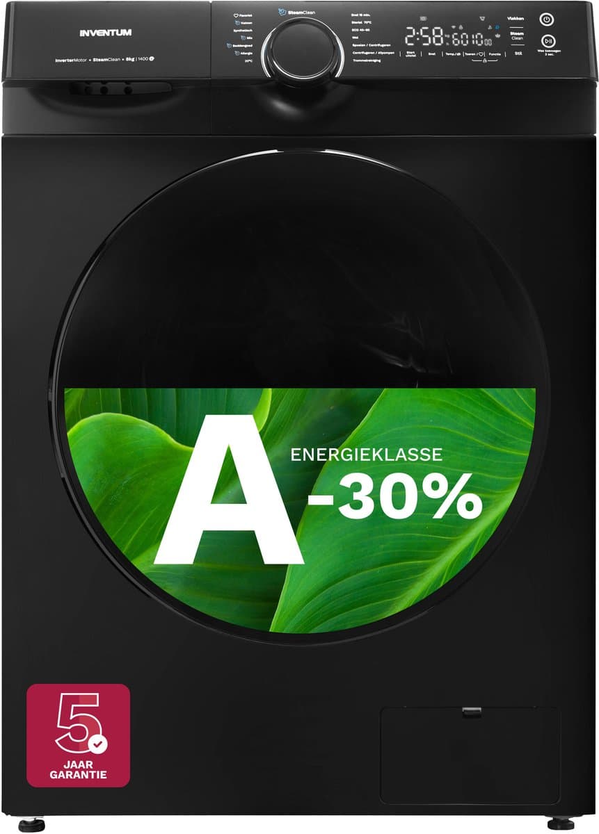 Inventum VWM8030B - Wasmachine - 8kg - 14 programma's - 1400 toeren - Energieklasse A-30% - Steam Clean - Stil: 72 dB - Zwart — afbeelding 1