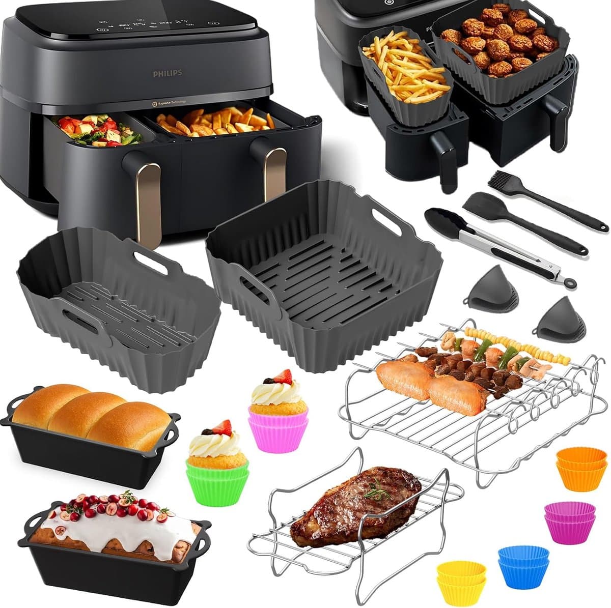 Heteluchtfriteuse Accessoires Gescht voor Philips Dual Basket Airfryer 3000-serie 6L/3L - 23pcs Airfryer Siliconen vorm Accessoireset - Grillrooster, Cake Broodvorm voor Philips Airfryer Dual Basket(grijs) — afbeelding 1