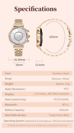 Knobbout Luxe Dames Smartwatch 1.27” met Kristallen – Bluetooth Bellen – HD Touchscreen – Hartslag, Bloeddruk & SpO₂ Monitoring – Vrouwelijke Gezondheidsfuncties – AI spraakassistent– IP68 Waterdicht – Zilver stalen band — thumbnail 11