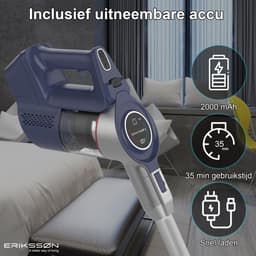 Erikssøn Steelstofzuiger Air Pro Elite 9000 - 2 Accu's - Stofzuiger Draadloos - Zonder Zak Op Accu - Grijs/Blauw — thumbnail 4