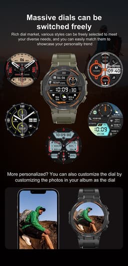 Knobbout 1.52" (3.8cm) Schokbestendig Sport Smartwatch - Zijwaartse LED-verlichting-Bloeddrukmeting, hartslag monitoring en bloedzuurstof (SpO₂)-controle- Bluetooth belfunctie - Sedentaire herinnering-Sedentaire herinnering-Zwart stall+ siliconenband — thumbnail 4