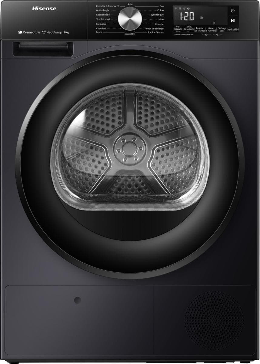 Hisense DH3S902BBCC - Condensdroger - 9 kg - Vrijstaand - Voorbelading - Warmtepomp - Zwart - Draaiknop - TouchControl - 63 dB(A) - Ion Refresh - Allergy Care - Auto Dry — afbeelding 1