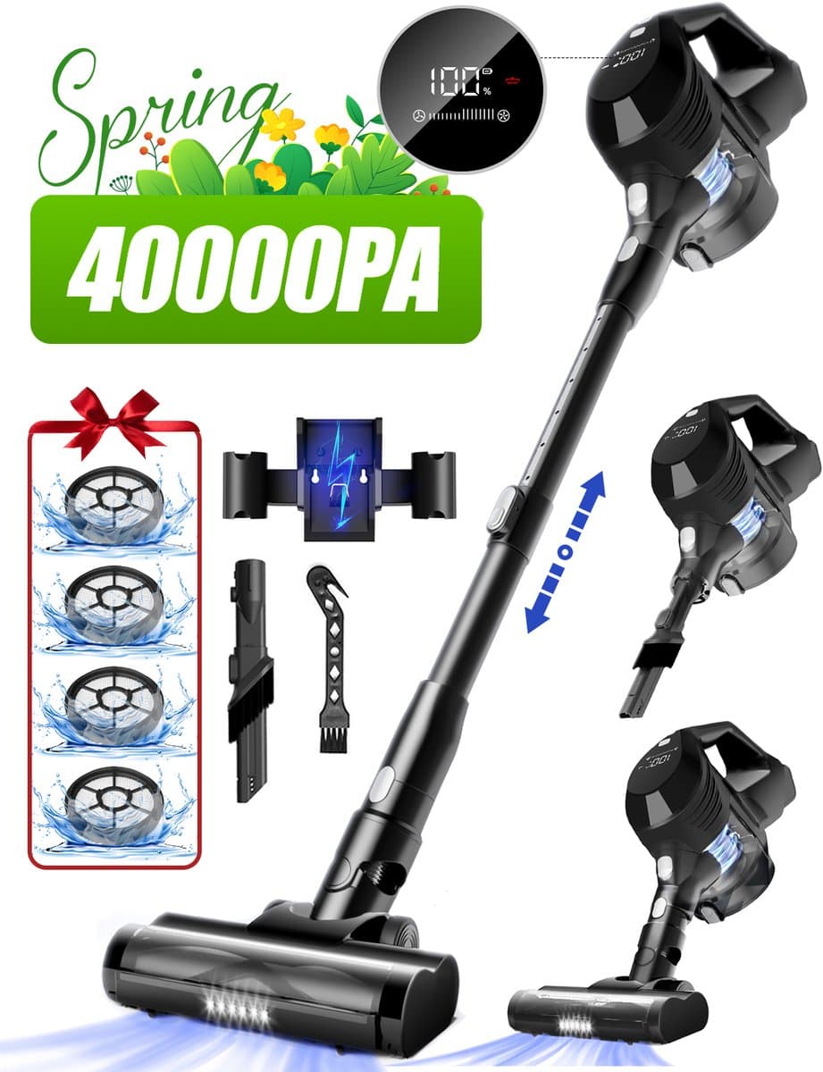 Elekiatech - Steelstofzuiger Draadloos - 50000Pa - 50 Min Gebruikstijd - 1.8L Stofbak - LED display – voor Harde Vloeren, Tapijt en Dierenharen - Zwart — afbeelding 1