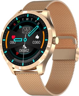 Belesy® BQSiRgPk Pro - Smartwatch Dames – Smartwatch Heren - Horloge - 1.28 inch - Kleurenscherm - Stappenteller - Bloeddruk - Hartslag - 75+ Wijzerplaten – Sporten – Goud – Siliconen – Roze – extra polsband Milanees goud - Kerstcadeau — thumbnail 2