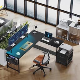 Gaming Bureau met LED Verlichting - 120x120x75cm - L-Vormig Game Bureau met Stopcontact - 2 Non Woven Lade - Gaming Desk - Computer Tafel - Gaming Tafel - Bureau voor Gamen, Studeren en Werken - Zwart — thumbnail 3