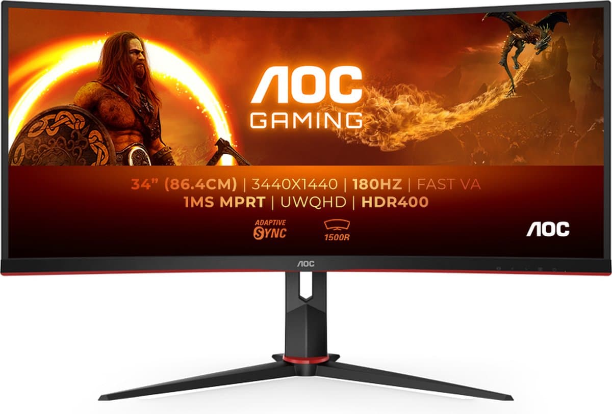 AOC CU34G2XP - Curved Ultrawide Gaming Monitor - HDR400 - USB-hub - 180hz - 34 inch — afbeelding 1