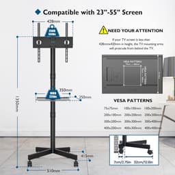 TV Standaard op Wielen voor 23-55 Inch Plasma LCD LED TV's, Draagbare TV Standaard in Hoogte Verstelbare Wielen Rollende TV Karretje tot 25KG, MAX. VESA 400x400 mm — thumbnail 4