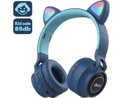 Kinder hoofdtelefoon DOBI by doobs - Draadloze koptelefoon Bluetooth met led kattenoortjes donker blauw - KIDS - VOLUME BEGRENZING - 85DB
