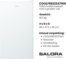 Salora COOLFREEZE47WH - Koelkast - Koelkast Tafelmodel - Koelkasten - 93 L - Wit - 2025 — thumbnail 9