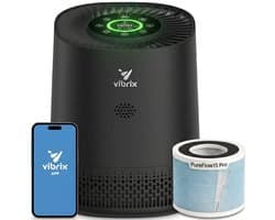 Vibrix PureFlow15 Pro Luchtreiniger / Air Purifier – EPA H14 + koolstoffilter – 100 m³/u – Voor kamers tot 15 m² – Ionisator – App-bediening – Zeer stil met slaapstand – Luchtkwaliteitindicator