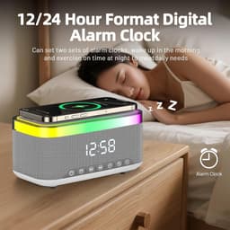 Bluetooth speaker met draadloos opladen en digitale klok, LED display, 15W Qi opladen, 2x10W speaker, 6 sfeerlampen, BT5.3/AUX/TF/USB-wit — thumbnail 6