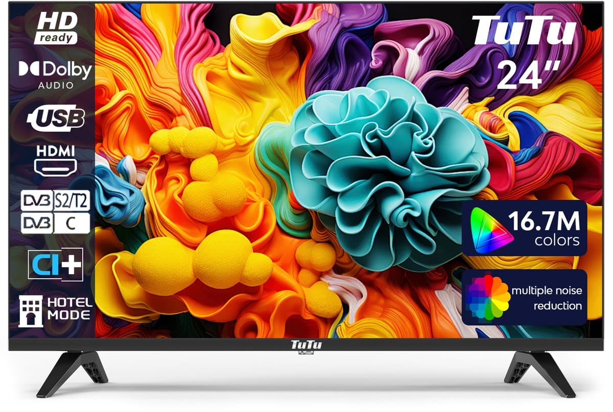 TuTu Standaard TV - LED HD - 24 inch/61 cm - Frameless Design - Triple Tuner DVB-T/T2/C/S/S2 - HDMI x1, USB x1, CI+ - TUB24F1DN — afbeelding 1