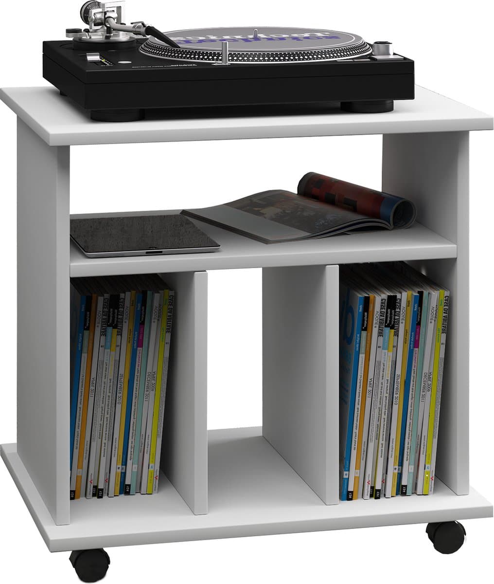 VCM hifi-kasten, platenspelerkast, stereokast, hifi-rekken, routerstandaard, hifi-rekken en -standaards, witte platenspelerstandaard, draaitafelstandaard met opbergruimte voor vinylplaten, platenspelermeubel, glazen tv-meubel, mediameubel — afbeelding 1