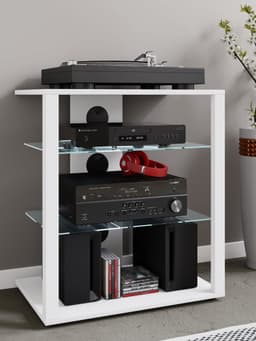 VCM hifi-kasten, platenspelerkast, stereokast, hifi-rekken, routerstandaard, hifi-rekken en -standaards, witte platenspelerstandaard, draaitafelstandaard met opbergruimte voor vinylplaten, platenspelermeubel, glazen tv-meubel, mediameubel — thumbnail 4