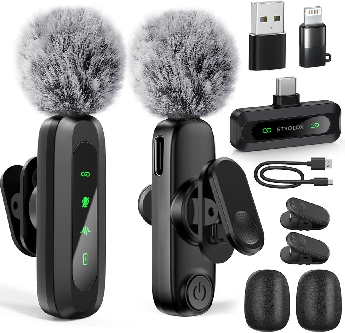 Strolox® Draadloze Microfoon Pro - 2 Stuks - Lavalier - Windshields - Dasspeld - Lange Batterij - USB-C/Lightning - Plug & Play — afbeelding 1