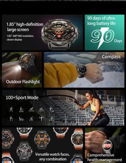 Knobbout 1.85 inch HD Sport Smartwatch - 760mAh Battery -Voorzien van GPS, AI-assistent & Bluetooth-bellen -Alles-in-één: Gezondheid, sport, communicatie & lifestyle-Stijlvol, slim en volledig aanpasbaar aan jouw leven-Zwart staal+ rubber horlogeband — thumbnail 18