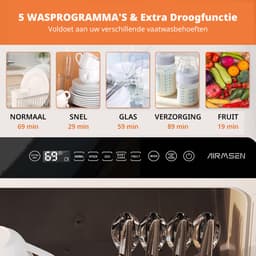 AIRMSEN Mini Vaatwasser - Vrijstaand - Watertank 5L - 5+1 Programma's - 4 Couverts - 42.5 cm - Zwart/Wit — thumbnail 8