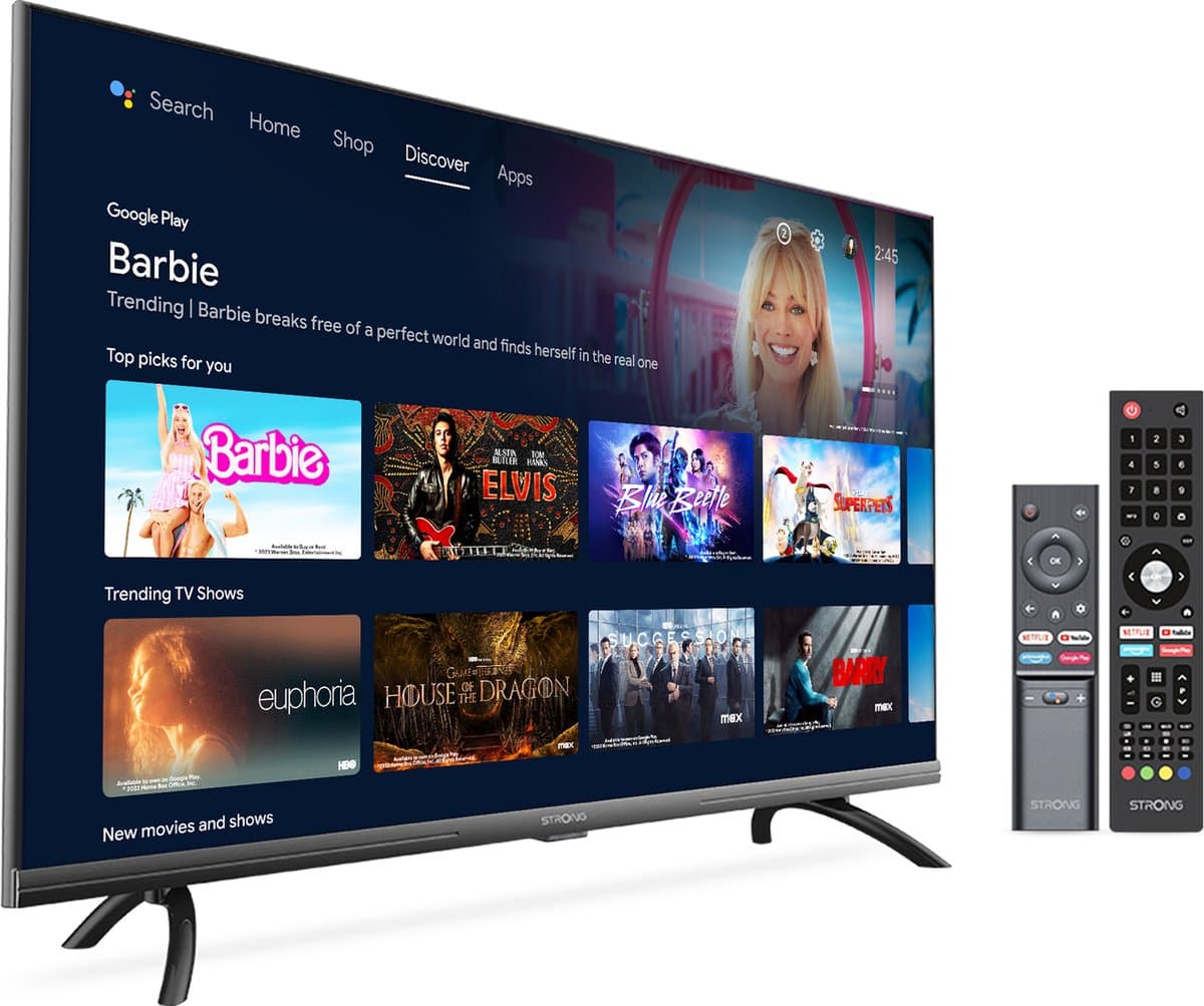 STRONG - 32” HDTV (80 cm) SRT32HD5553 - Connected TV met Android TV - Chromecast - Google assistant - Wifi - Bluetooth - HDR - NETFLIX - Drievoudige tuner - 2 HDMI-poorten (1 ARC) + 1 USB-poorten + Mini-AV + Antenne/Sat Jack - Zwart — afbeelding 1