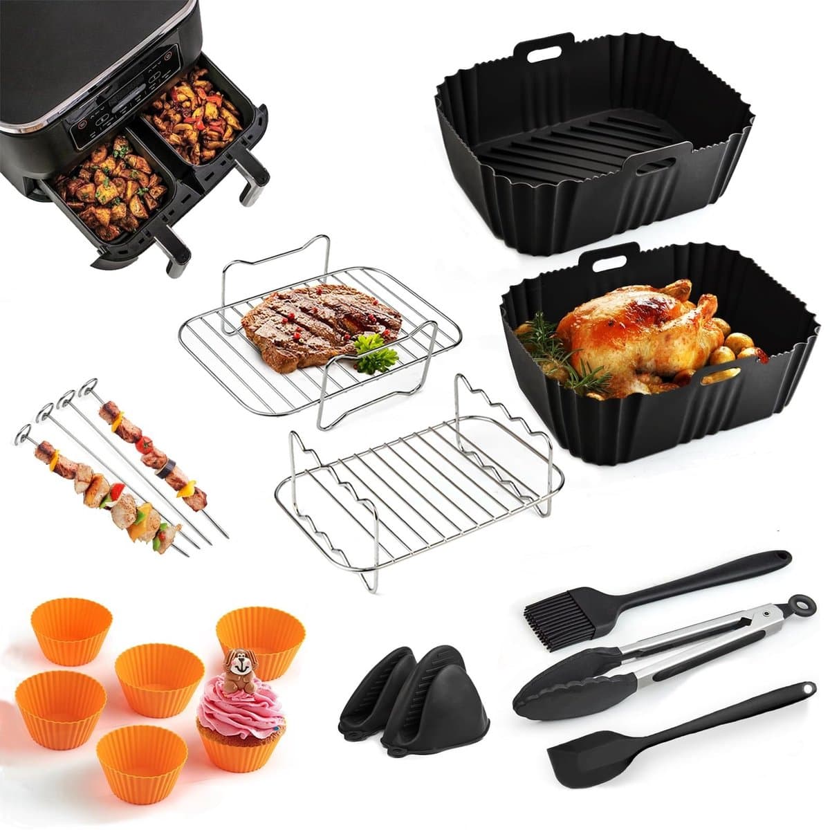 Dutchers® 18 delige Airfryer Accesoires Set - Dubbele Heteluchtfriteuse - Geschikt voor Dual Airfryers van Princess, Inventum, Ninja Foodi AF300 AF400 AF451 - Inclusief Airfryer Siliconen Bakje — afbeelding 1