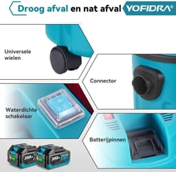 Yofidra Stofzuiger - Draadloze stofzuiger - 35Kpa - 800W - 10 l inhoud - met 2x Accu’s - Accu Steelstofzuiger - voor Tapijt, Dierenharen en Harde Vloeren — thumbnail 7