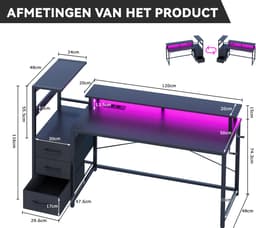 Gaming Bureau met LED Verlichting - 150L x 115H x50B cm - Hoekbureau met Stopcontact - 3 Non Woven Lade - Gaming Desk - Computer Tafel - Gaming Tafel - met Opbergplanken & IJzeren Haak - Zwart - Bureau voor Gamen, Studeren en Werken — thumbnail 2