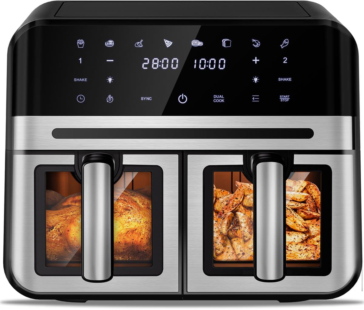 Dubbele Airfryer XXL 10L (2×5L) – 8 Automatische Programma’s – Grote Capaciteit voor 6 Personen – 2500W Krachtig Vermogen – Dual-Zone 2 Manden met SYNC Technologie – Gezond Frituren Zonder Olie – Met Kijkvenster – Zilver — afbeelding 1