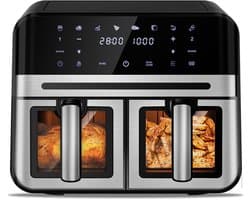 Dubbele Airfryer XXL 10L (2×5L) – 8 Automatische Programma’s – Grote Capaciteit voor 6 Personen – 2500W Krachtig Vermogen – Dual-Zone 2 Manden met SYNC Technologie – Gezond Frituren Zonder Olie – Met Kijkvenster – Zilver