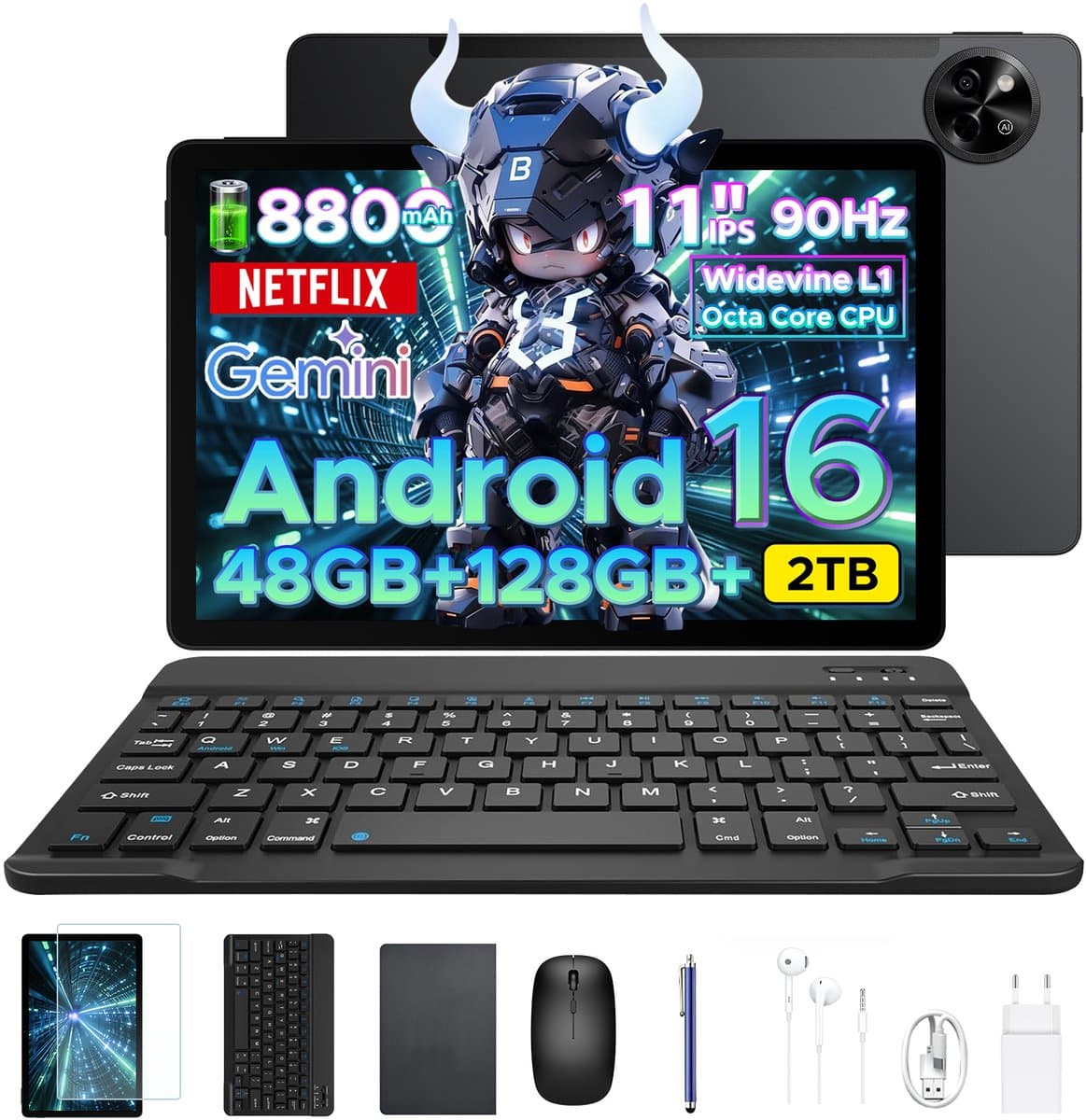 Aorlym P11 Tablet - 48GB RAM+128GB ROM/TF 2TB - Android 16 - 11 inch tablet 90Hz - T7250 - 8800mAh - 13MP+5MP - Gemini AI - Widevine L1 - Face ID - 5G WIFI - Dubbele luidsprekers - Pen, toetsenbord, muis - Zwart — afbeelding 1