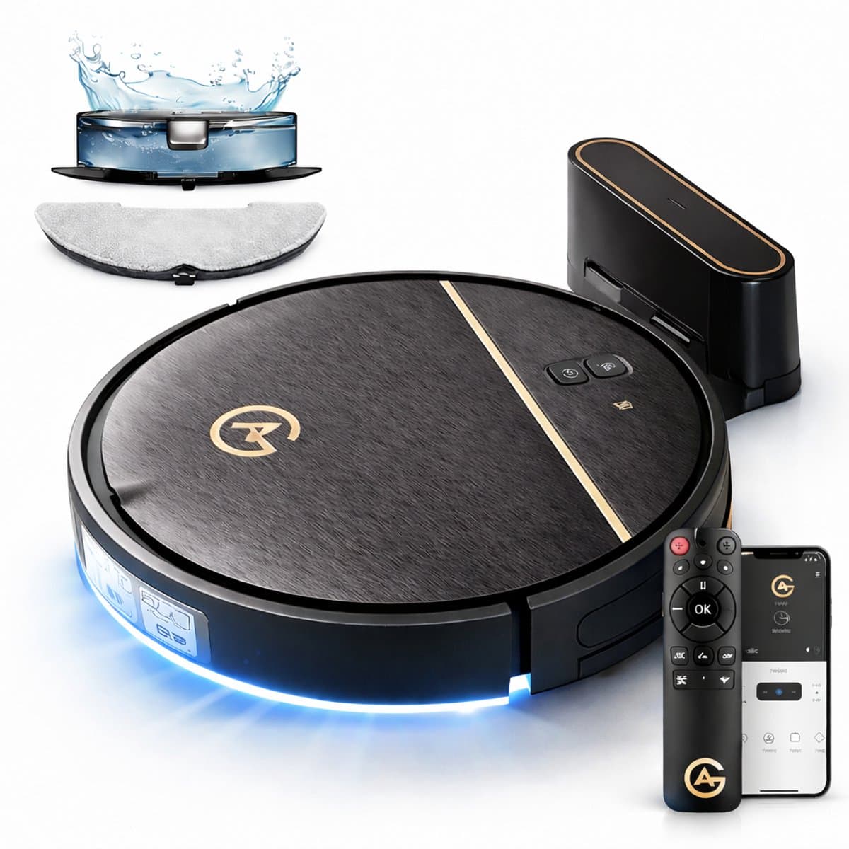 AG Robotstofzuiger met Dweilfunctie – 4500 Pa Zuigkracht – 120 minuten – Oplaadstation – App & Afstandsbediening – Ideaal voor Huisdierhaar, Harde Vloeren en Tapijt – Luxe 2-in-1 Dweilrobot – Gold Stripe Design – 2500 mAh - Black Gold Edition — afbeelding 1