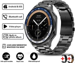 Knobbout 1.43 inch AMOLED-scherm met 3D-ontwerp Smartwatch - Slimme opnamefunctie- 4 GB interne opslag - MP4-video-ondersteuning - Nieuwste ATS3085S Gen 2-chipset - Ingebouwde kompasfunctie - Zwart staal+ zwart lederen + blauwe siliconen horlogeban — thumbnail 1