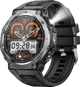Knobbout 1.43” AMOLED Smartwatch – 466×466 HD Scherm – 5ATM Waterdicht (tot 50m) – LED Zaklamp + UV-Licht + SOS Noodflits – Bluetooth Bellen – 525mAh Lange Batterijduur – Outdoor & Sporthorloge voor Android/iOS-Zwart — thumbnail 1