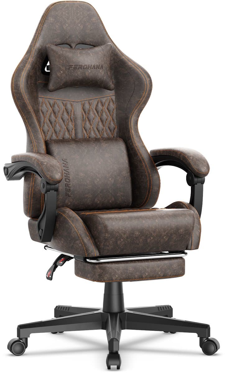 Soontrans-Gaming Stoel-Inklapbare Voetensteun-Gamestoel Verstelbaar Rugleuning-Ergonomische Gaming Chair-Bureaustoel-Max Draagvermogen 120 kg-PU Kunstleer Computerstoel Gaming Voor Volwassenen en Jongeren-Bruin — afbeelding 1
